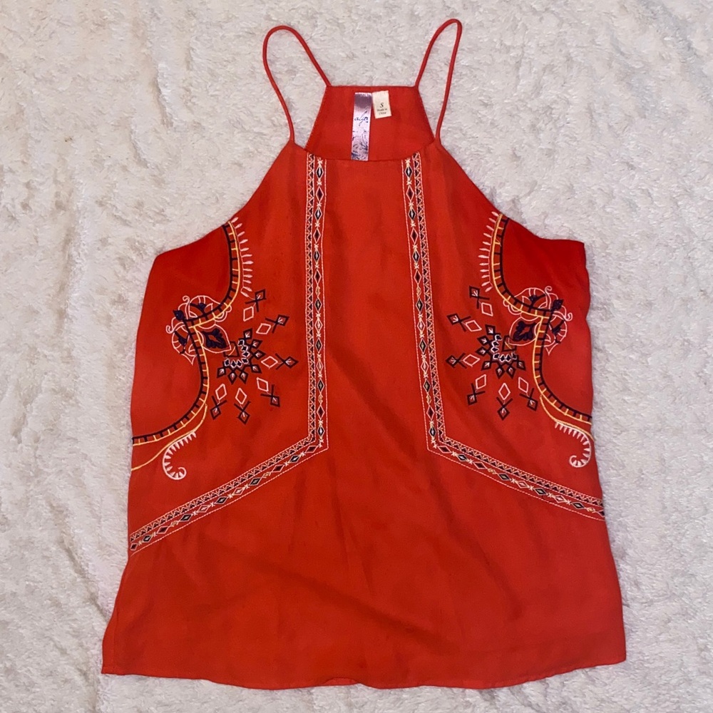 Alya Orange Embroidered Spaghetti Strap Halter Top